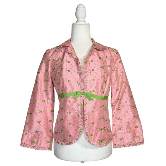 Vintage Nanette Lepore Blazer Jacket Size 4 Pink Green Silk Embroidered Cropped - Picture 1 of 13